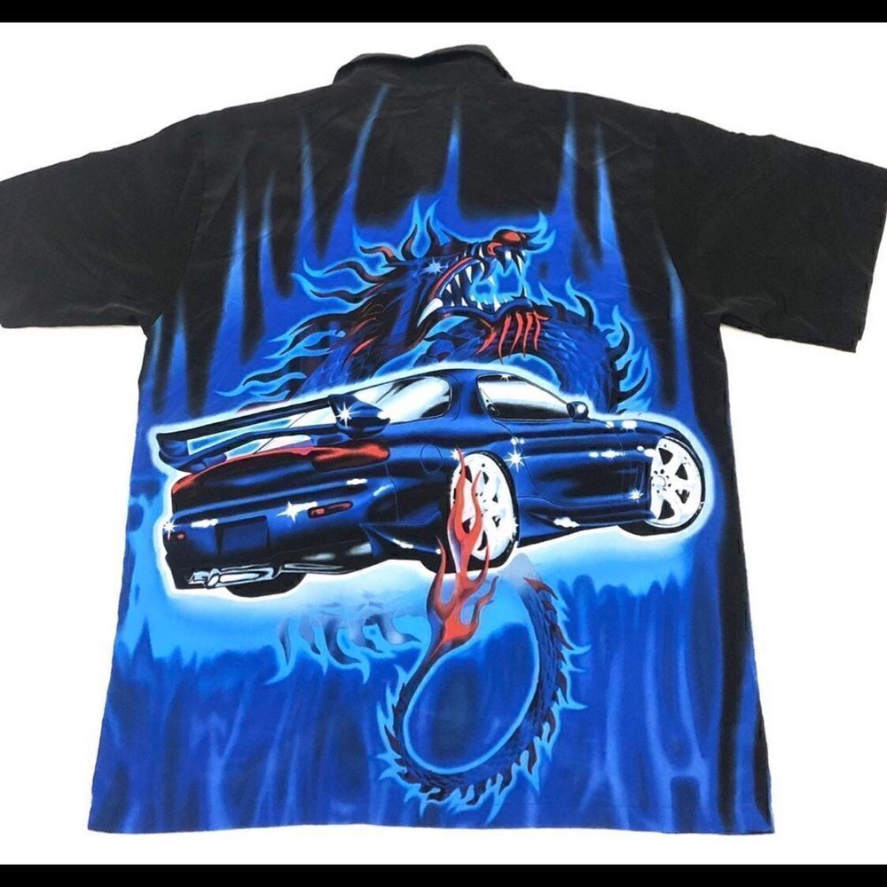 ODO mens black dragon car retro button down shirt size Large - Picture 8 of 8